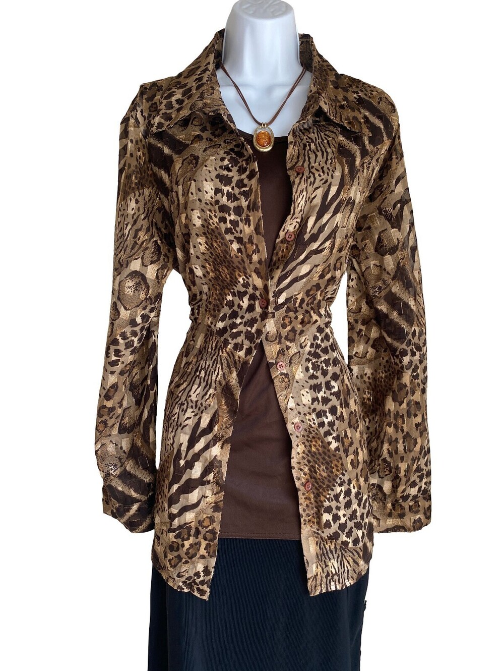 VTG Womens Plus 1X Animal Print Brown Tunic Blouse Button Up Mob Wife Whimsigoth